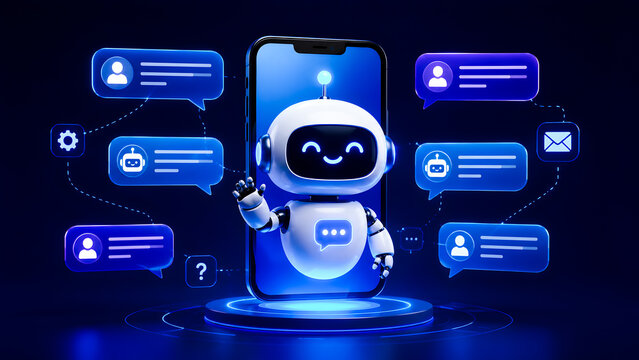 Cute 3D robot chatbot emerging from smartphone screen, AI assistant concept, digital customer support interface, blue glossy technology app icon with chat bubbles