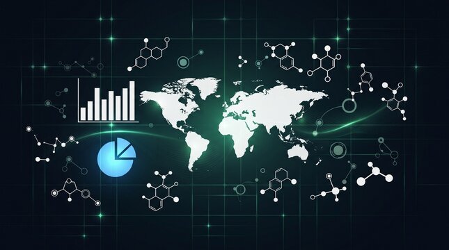 Global map and statistical graphs on dark background