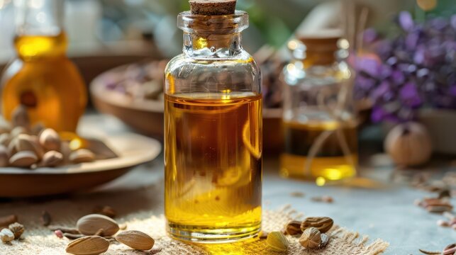 Bottle of argan oil with nuts for international day of argania product background and wellness label mockup for beauty and culinary use