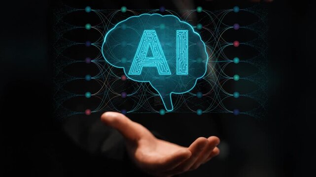 Futuristic Visualization of Artificial Intelligence Concept with Brain Graphic Overlay in Hand Against a Technology Background Sigmoid