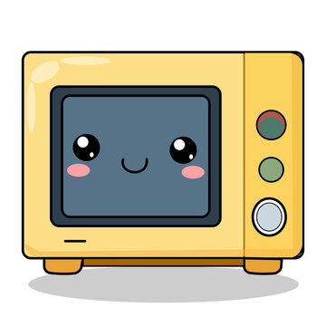 Cute yellow microwave oven vector illustration, kawaii kitchen appliance character isolated