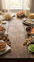 Fototapeta premium Food allergy awareness flatlay of common allergen ingredients on rustic wooden table for educational background and banner design. Copy space