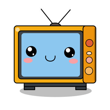 Cute yellow television vector illustration, kawaii old TV