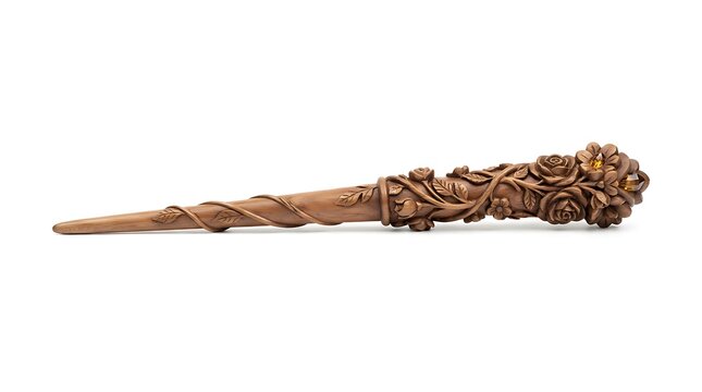 Isolated floral details on a carved wooden wand against a white backdrop