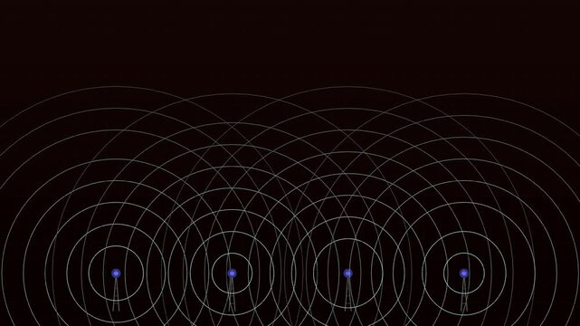 Expanding Concentric Radio Waves from Four Glowing Antenna Towers on Dark Grid &ndash; Abstract Signal Transmission & Wave Interference Background Loop