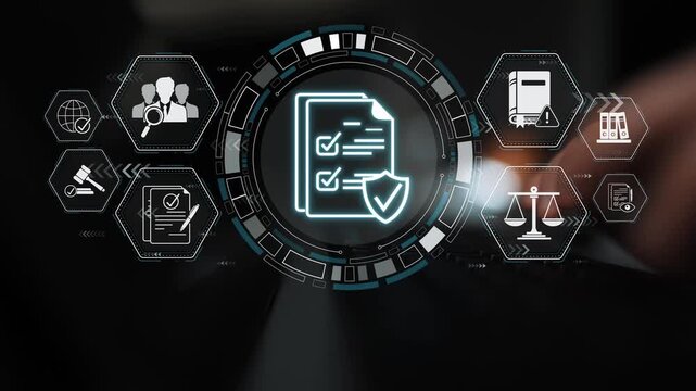 Abstract representation of legal compliance and digital security with icons of documents, checklists, scales, and people in a technology-driven environment Sigmoid