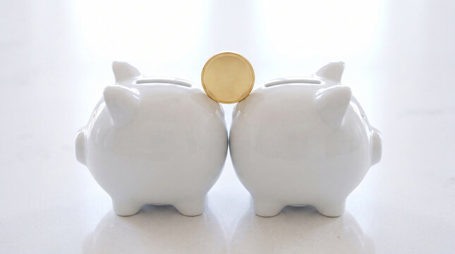 Gold coin placed between two white piggy banks for financial savings and investment growth