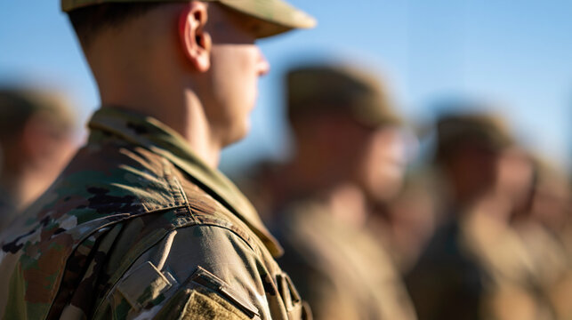 rows of recruits in camouflage uniform standing at attention on a bright outdoor parade ground, rear view with faces out of frame, clean daylight sky overhead, boot camp, basic