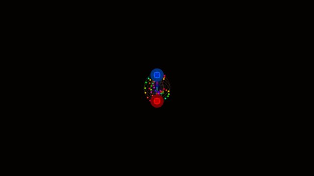 3D Rotating Electromagnetic Dipole with Glowing Colorful Field Lines and Traveling Data Particles on Black &ndash; Abstract Magnetic Field & Tech Connection Background Loop