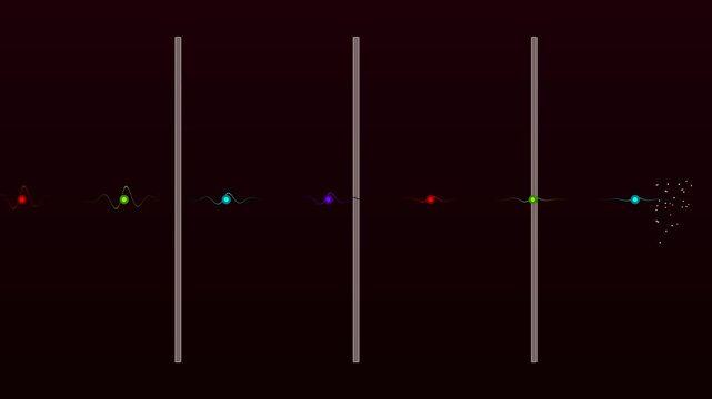 Flowing Colorful Quantum Wave Packets Tunneling Through Vertical Barriers on Dark Maroon &ndash; Abstract Quantum Tunneling & Particle Physics Background Loop