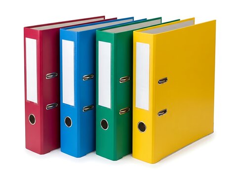 An isolated image of four vibrant ring binders with label holders on a white background