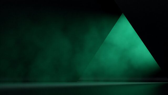 Emerald green neon triangle light in dark room, glowing geometric portal with smoke, futuristic stage background for product display