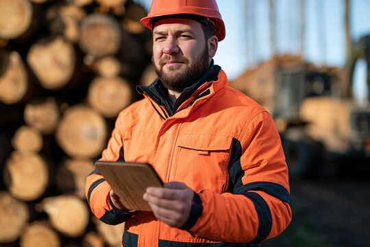 Logistics coordinator in safety clothing reviewing timber stacks with tablet at forest road