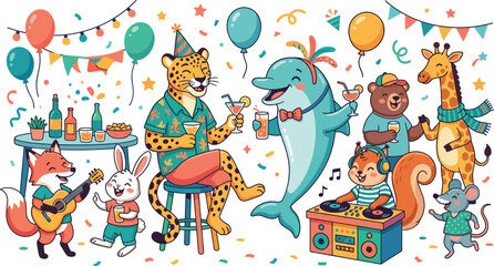 Fototapeta premium Cute cartoon animals having a fun party with music and drinks isolated on a plain background