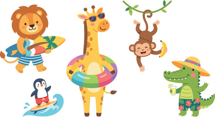 Fototapeta premium Cute cartoon wild animals on summer vacation with lion giraffe monkey penguin and crocodile enjoying beach activities
