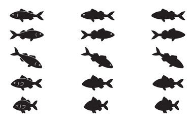 Fototapeta premium Diverse collection of 12 black silhouette fish icons depicting various freshwater and saltwater species.
