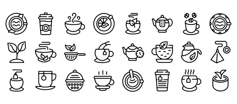 Tea Outline Icon Set. Contains Cups, Tea Leaves and Herbs Drink Vector Illustration. 
