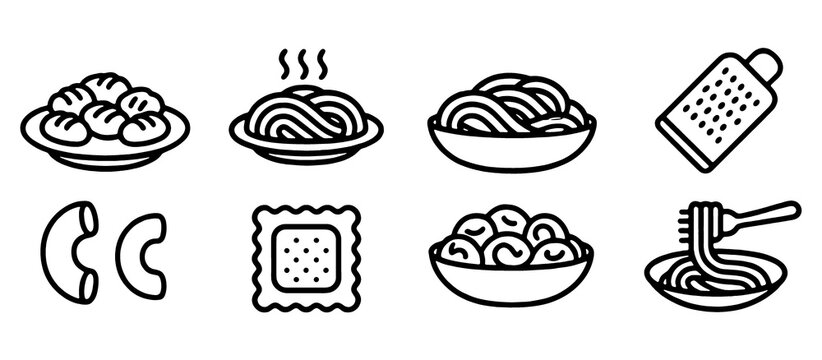 Cooking and Food Outline Icons Set. Pasta Ingredients, Kitchenware, and Culinary Supplies. Vector Illustration. 