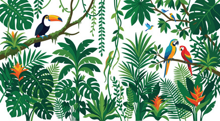 Tropical jungle scene with toucan and colorful parrot birds perched on exotic palm leaves and lush green plants © MDEBRAHIM