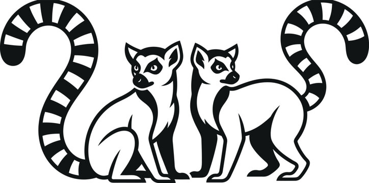 Two cute ring tailed lemur animals standing together with long striped tails in a simple black and white vector art