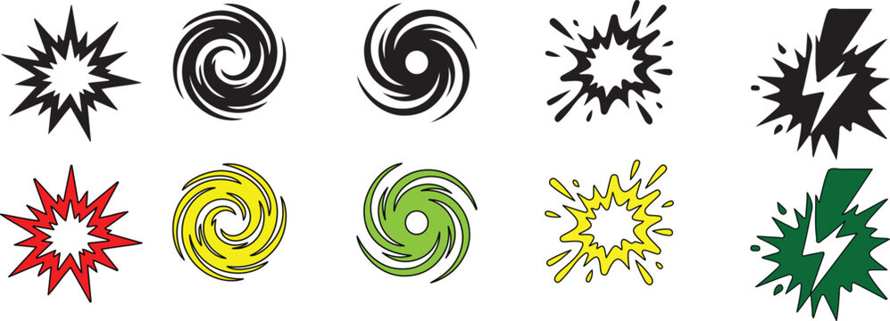 Set of hand drawn comic book style explosion and swirl effects in black and white and color
