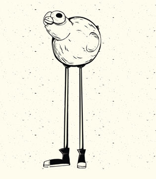Funny quirky bird character with an oversized body, long thin legs and expressive face. Hand drawn sketch style vector illustration for character design, posters, stickers and playful creative project