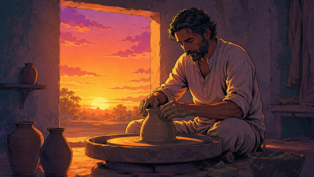 Warm sunset scene of a potter shaping clay in a rustic studio, ideal for searches about handmade ceramics, traditional craftsmanship, mindful creativity, artisan work, and slow living

