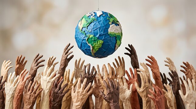 Diverse human hands reaching upward toward a suspended paper mache globe representing global unity and environmental awareness