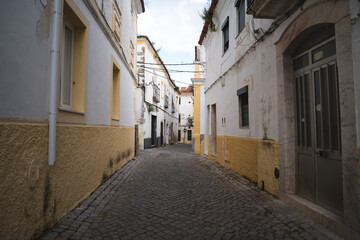 Fototapeta premium Narrow cobblestone street in historic Elvas Portugal with traditional white buildings