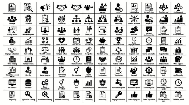 Collection of flat icons representing business processes and human resources concepts