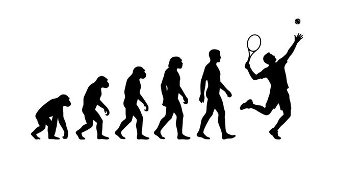 Evolution of man tennis player silhouette, human progress from ape to athlete, black sports vector on white background