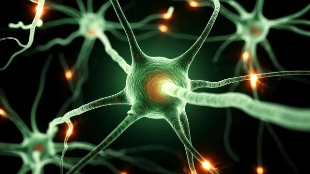 Neural network animation glowing synapses connecting in 3 d space with dynamic light effects