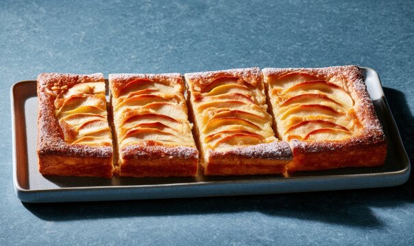 Apple tart squares arranged neatly on baking tray against dark blue backdrop