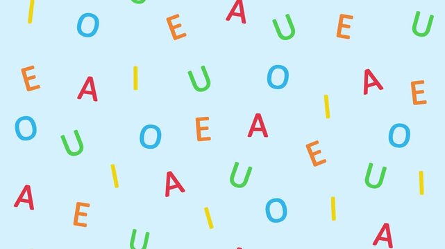 Colorful vowels descend across a light blue background in a simple loopable animation. Educational alphabet-themed motion background with falling letters.