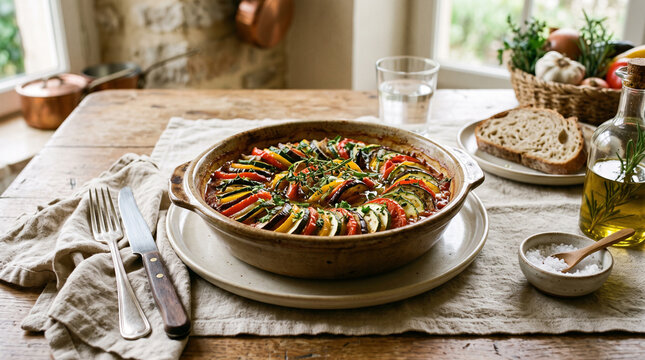 traditional ratatouille in baking dish on rustic wooden table with ingredients french cuisine