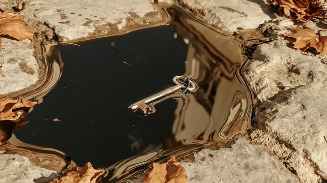 Key reflection in a puddle with autumn leaves on a stone surface
