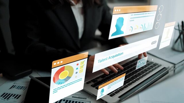 Business professional engaged in talent acquisition process using technology for recruitment and data analysis with interactive interface elements and digital tools. Entropy.