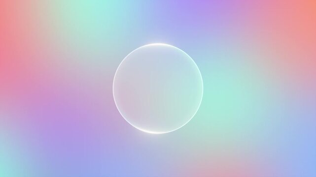 Glassmorphism circle frame with soft light glow on pastel gradient background. Abstract round element animation.