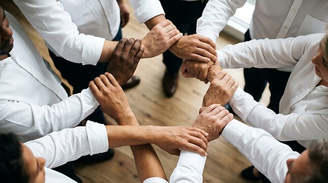 Diverse group of business professionals joining hands in a circle to symbolize unity and team collaboration