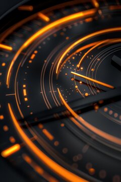 Macro dark mode clock detail with glowing orange neon rings for black friday poster and vertical wallpaper background design