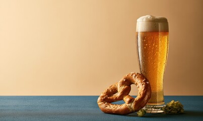 Naklejka premium Cold glass beer with creamy foam, next to pretzel and hops on blue table