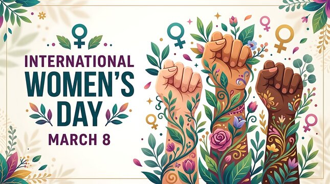 International Women Day illustration with raised fists decorated with floral patterns and female gender symbols