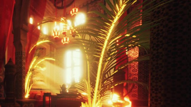 Bright light enters through a window in a room filled with rich patterns and colors. Plants are present, adding a natural touch to the bright setting.