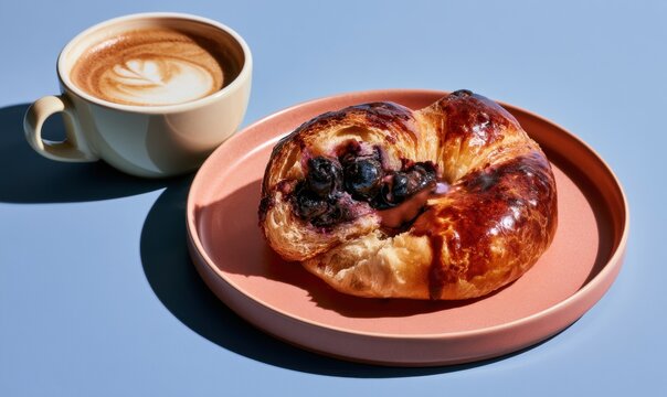 Delicious-looking pastry and coffee presented on a pink plate against a blue bac
