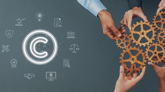Two hands assemble gears around a glowing copyright symbol, accentuated by icons of law, innovation, and protection, symbolizing collaboration in intellectual property. Raster