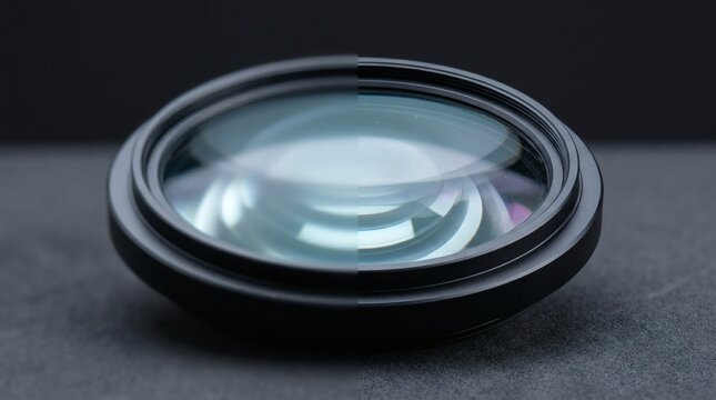Circular glass lens element resting on dark textured surface with black rim with surface showing clear close up photography transparent perspective