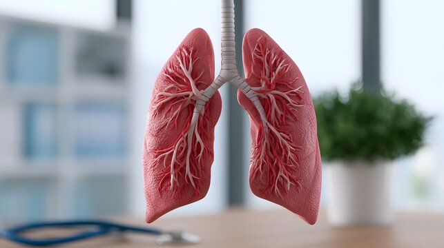 Anatomical model of human lungs with bronchial tree displayed in a clinical setting with stethoscope and potted plant in background