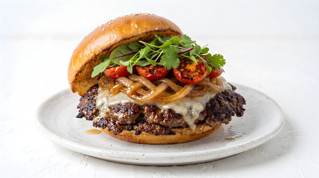 Juicy smashed double cheeseburger with balsamic glaze grilled cherry tomatoes and fresh microgreens on white plate.