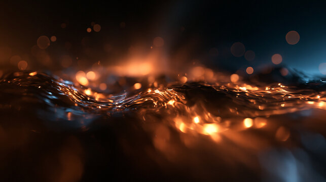 Abstract Glowing Liquid Waves with Golden Bokeh Particles