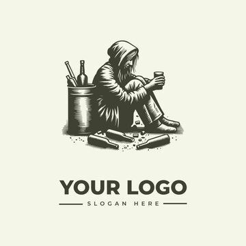 Illustration of a homeless person sitting on the ground with empty bottles for a logo design.